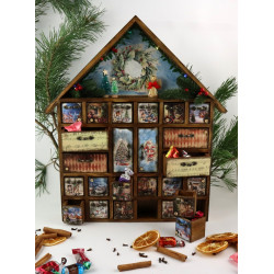 Drewniany kalendarz adwentowy z wiankiem 3D i LED – retro domek