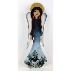 Drewniany anioł w niebieskiej sukni z kwiatami – ręcznie malowany