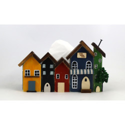 Unikatowy drewniany chustecznik z kolorowymi domkami handmade, prezent