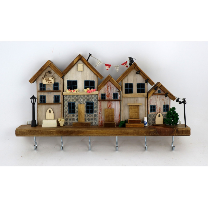 Wieszak na klucze z domkami azulejos – rękodzieło z drewna handmade