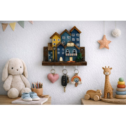 Mały drewniany wieszak z domkami – unikat handmade unikat