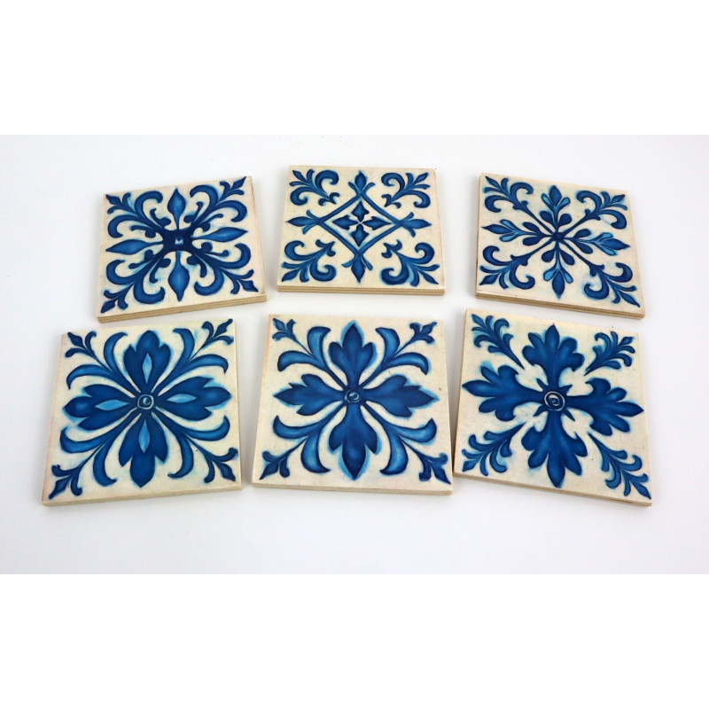 Drewniane podkładki pod kubki zestaw 6 szt  Azulejos 9x9 cm niebieskie