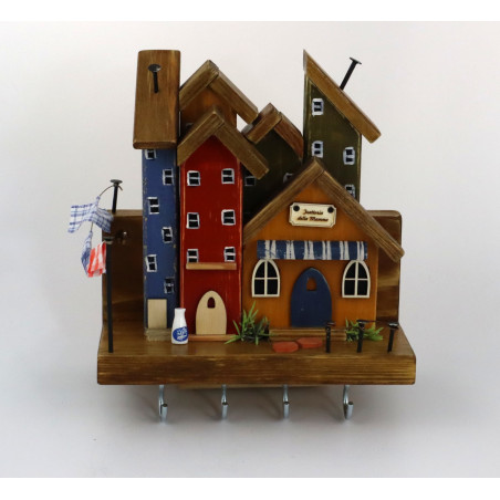 Kolorowe drewniane miasteczko – wieszak z domkami handmade