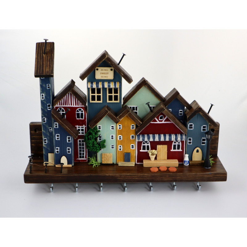 Skandynawskie drewniane miasteczko – wieszak z domkami handmade