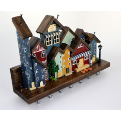 Skandynawskie drewniane miasteczko – wieszak z domkami handmade