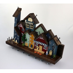 Skandynawskie drewniane miasteczko – wieszak z domkami handmade