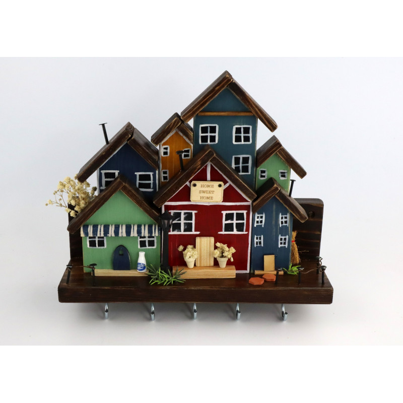 Skandynawskie drewniane miasteczko – wieszak z domkami handmade