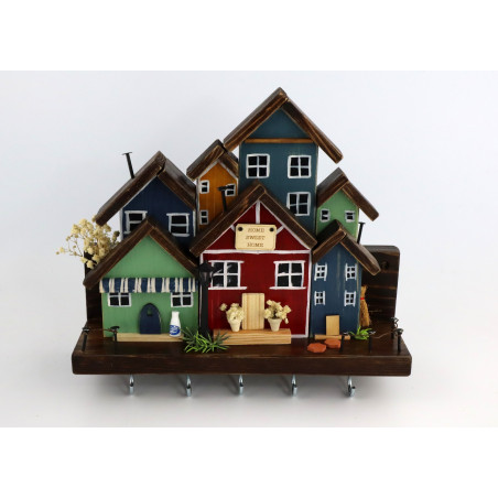 Skandynawskie drewniane miasteczko – wieszak z domkami handmade