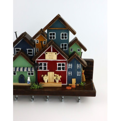 Skandynawskie drewniane miasteczko – wieszak z domkami handmade