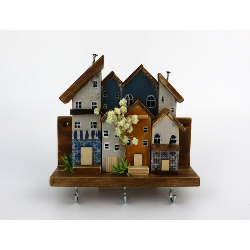 Premium wieszak na klucze z domkami, azulejos i gipsówką