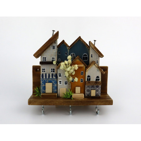 Premium wieszak na klucze z domkami, azulejos i gipsówką