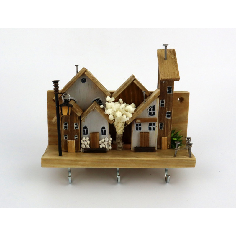 Unikatowy premium wieszak na klucze boho z domkami i latarnią