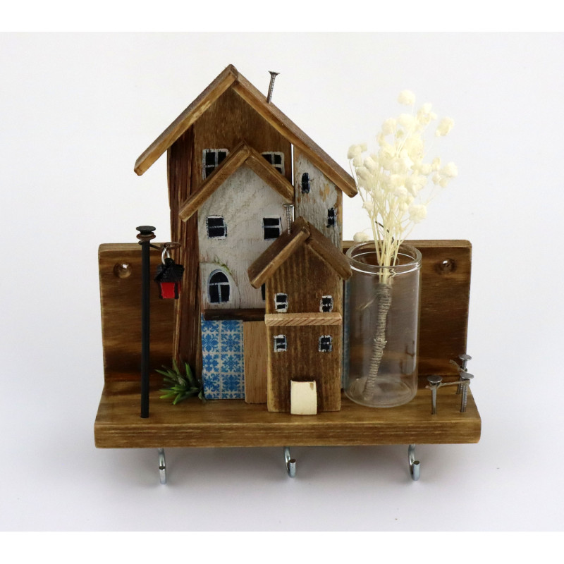 Unikatowy premium wieszak na klucze z domkami, azulejos i wazonikiem