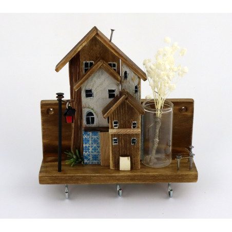 Unikatowy premium wieszak na klucze z domkami, azulejos i wazonikiem