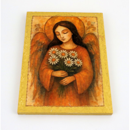 Obraz anioła ze stokrotkami na desce – dekoracja handmade