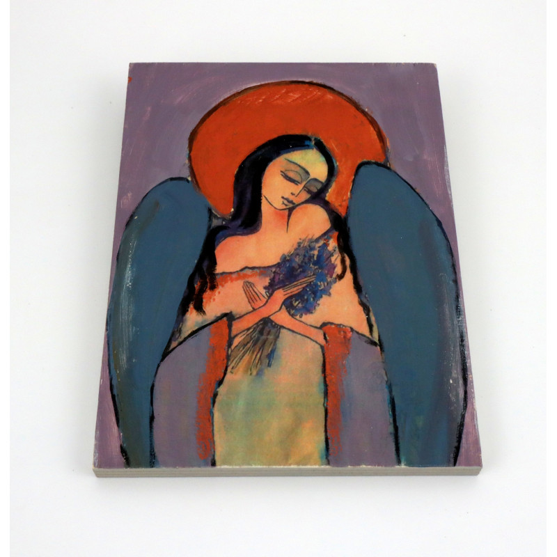 Obraz anioła z lawendą na desce – dekoracja handmade