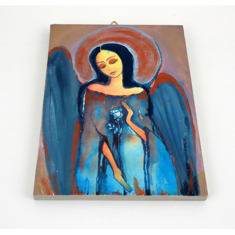 Obraz anioła z różą na desce – dekoracja ścienna handmade