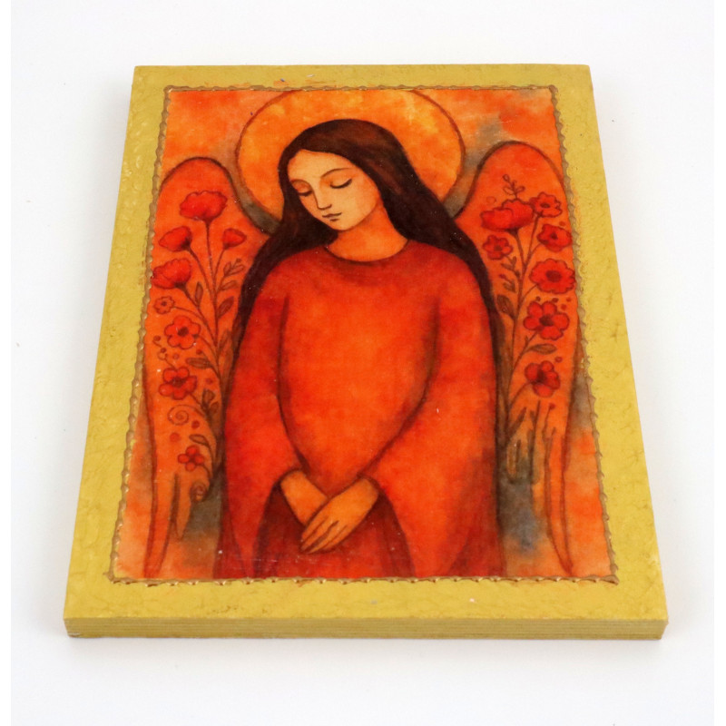 Obraz anioła z makami na desce – dekoracja ścienna handmade