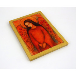 Obraz anioła z makami na desce – dekoracja ścienna handmade