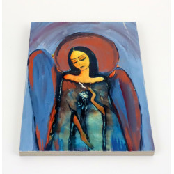 Obraz anioła z różą na desce – dekoracja ścienna handmade