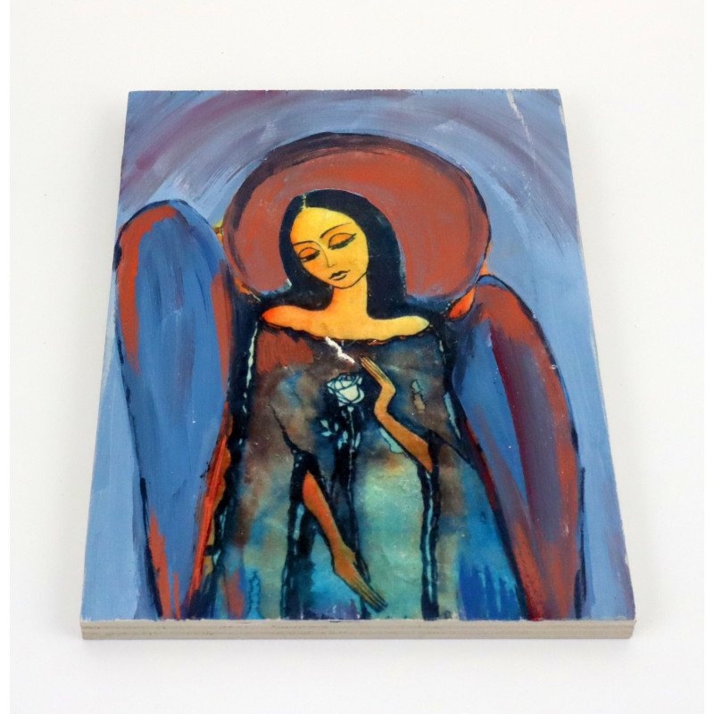 Obraz anioła z różą na desce – dekoracja ścienna handmade