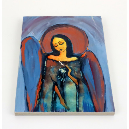 Obraz anioła z różą na desce – dekoracja ścienna handmade