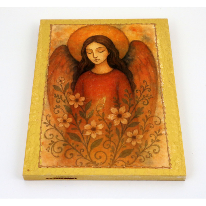 Obraz anioła z kwiatami na desce – dekoracja handmade  Meta opis