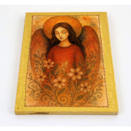 Obraz anioła z kwiatami na desce – dekoracja handmade  Meta opis