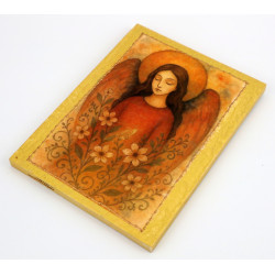 Obraz anioła z kwiatami na desce – dekoracja handmade  Meta opis