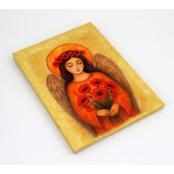 Obraz anioła z makami na desce – dekoracja ścienna handmade