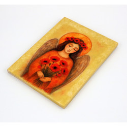 Obraz anioła z makami na desce – dekoracja ścienna handmade