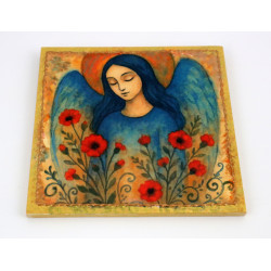 Kwadratowy obraz anioła z makami na sklejce – handmade