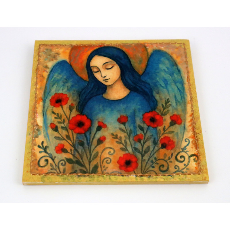 Kwadratowy obraz anioła z makami na sklejce – handmade