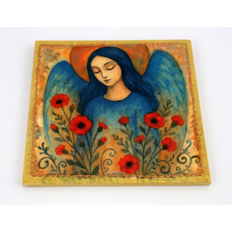 Kwadratowy obraz anioła z makami na sklejce – handmade