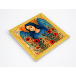 Kwadratowy obraz anioła z makami na sklejce – handmade