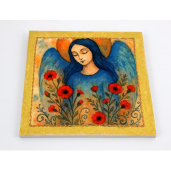 Kwadratowy obraz anioła z makami na sklejce – handmade