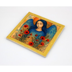 Kwadratowy obraz anioła z makami na sklejce – handmade