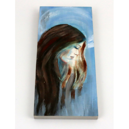 Obraz anioła w profilu na drewnie – wąska dekoracja handmade