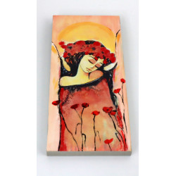 Obraz anioła z makami na drewnie 18x8 cm handmade
