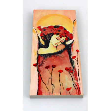 Obraz anioła z makami na drewnie 18x8 cm handmade