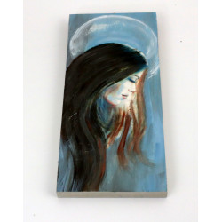 Obraz anioła w profilu na drewnie – wąska dekoracja handmade