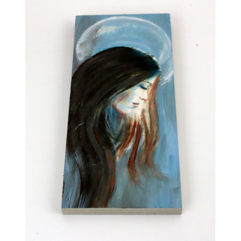 Obraz anioła w profilu na drewnie – wąska dekoracja handmade