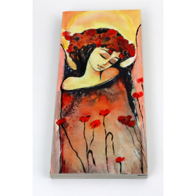 Obraz anioła z makami na drewnie 18x8 cm handmade