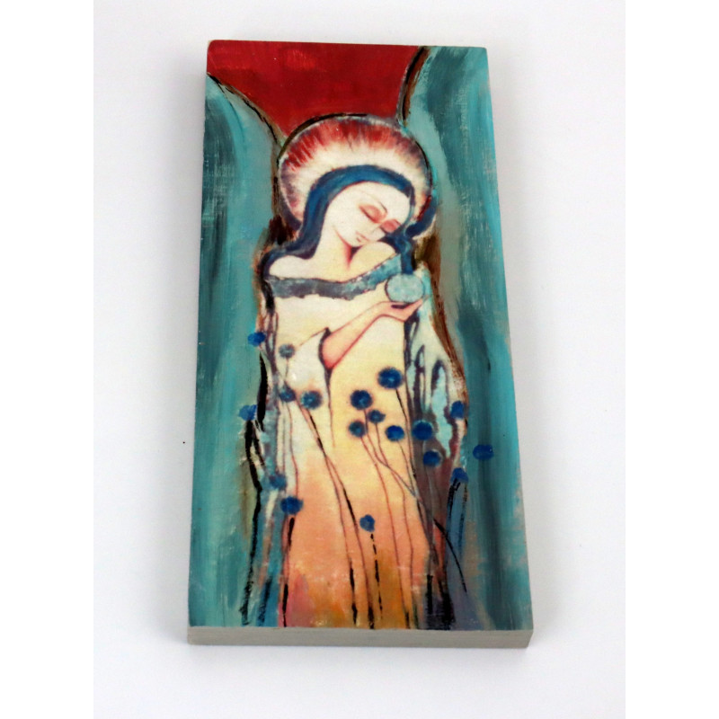 Obraz anioła z niebieskimi kwiatami na drewnie 18x8 cm
