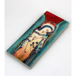 Obraz anioła z niebieskimi kwiatami na drewnie 18x8 cm