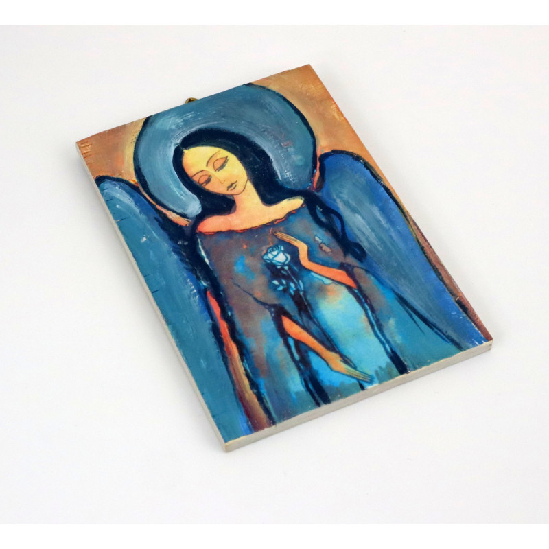 Obraz anioła z różą na desce – dekoracja ścienna handmade