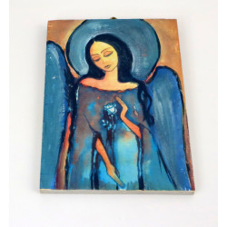 Obraz anioła z różą na desce – dekoracja ścienna handmade