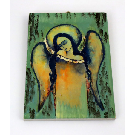 Ręcznie malowany anioł na sklejce 13x8 cm dekoracja handmade