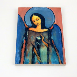 Obraz anioła z różą na desce – dekoracja ścienna handmade