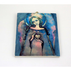 Obraz anioła z sercem na desce – dekoracja ścienna handmade